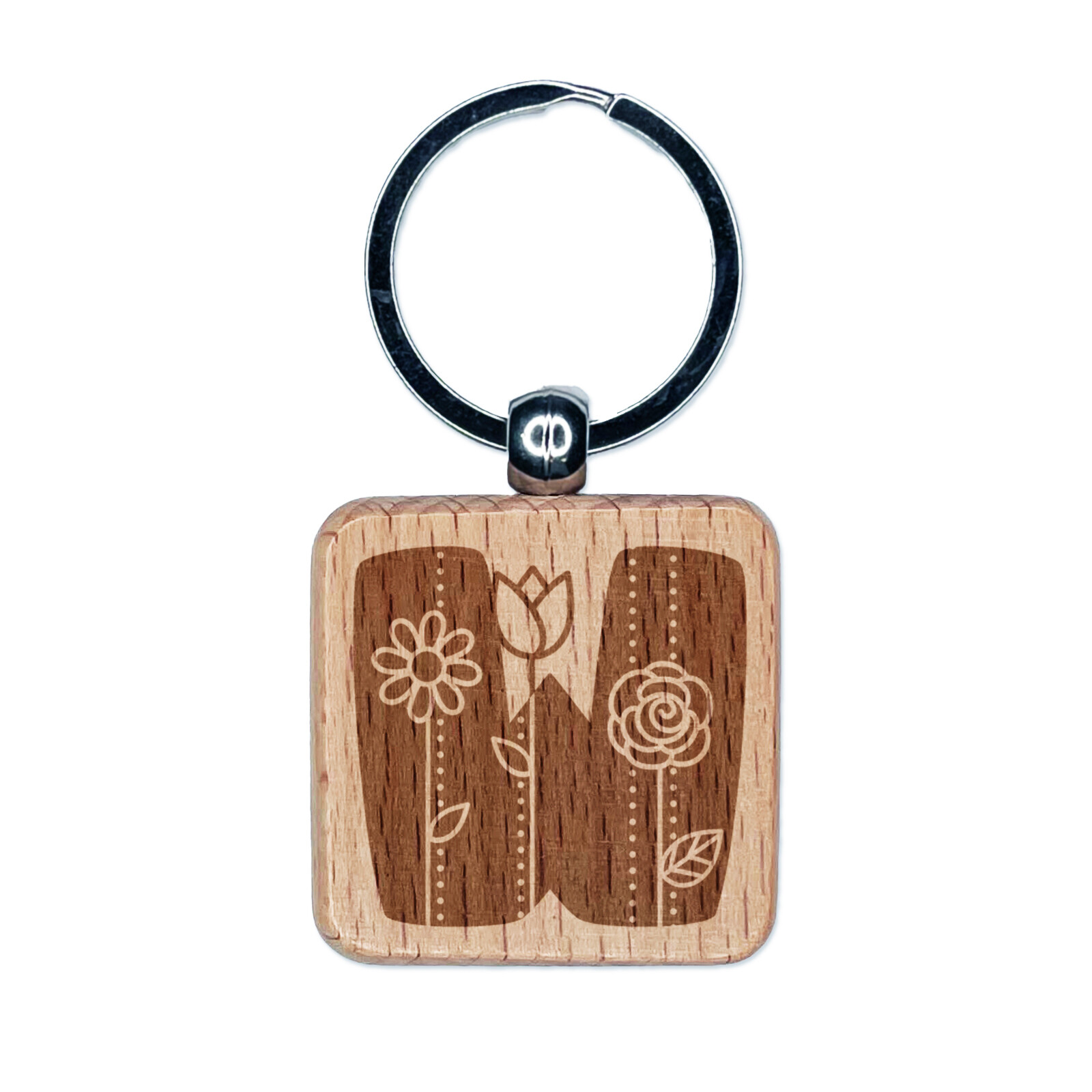 Sweet Cute Floral Wood Block W Keychain