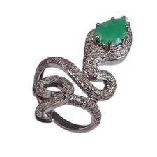 Snake Shape Ring Natural Pave Diamond Emerald Gemstone 925 Silver Jewelry