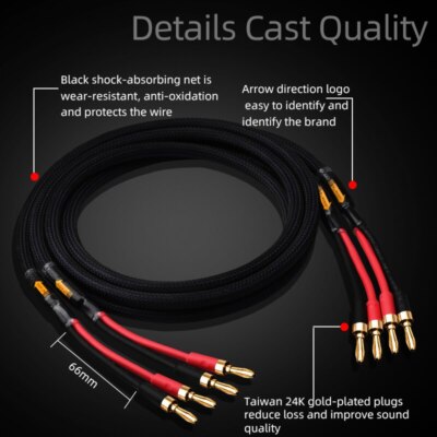 Pair Copper Silver Plated Audio Speaker Cable 24K Gold Plated Banana Spade Plug