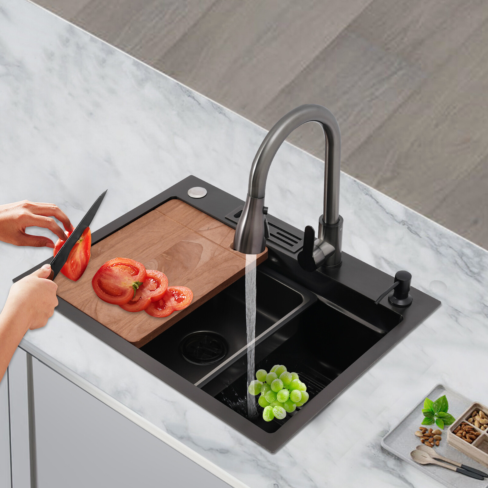 Stainless Steel Kitchen Sink with Pull-Out Faucet and Knife Holder