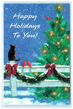Happy Holidays Christmas Tree Cat Snowfall Postcard