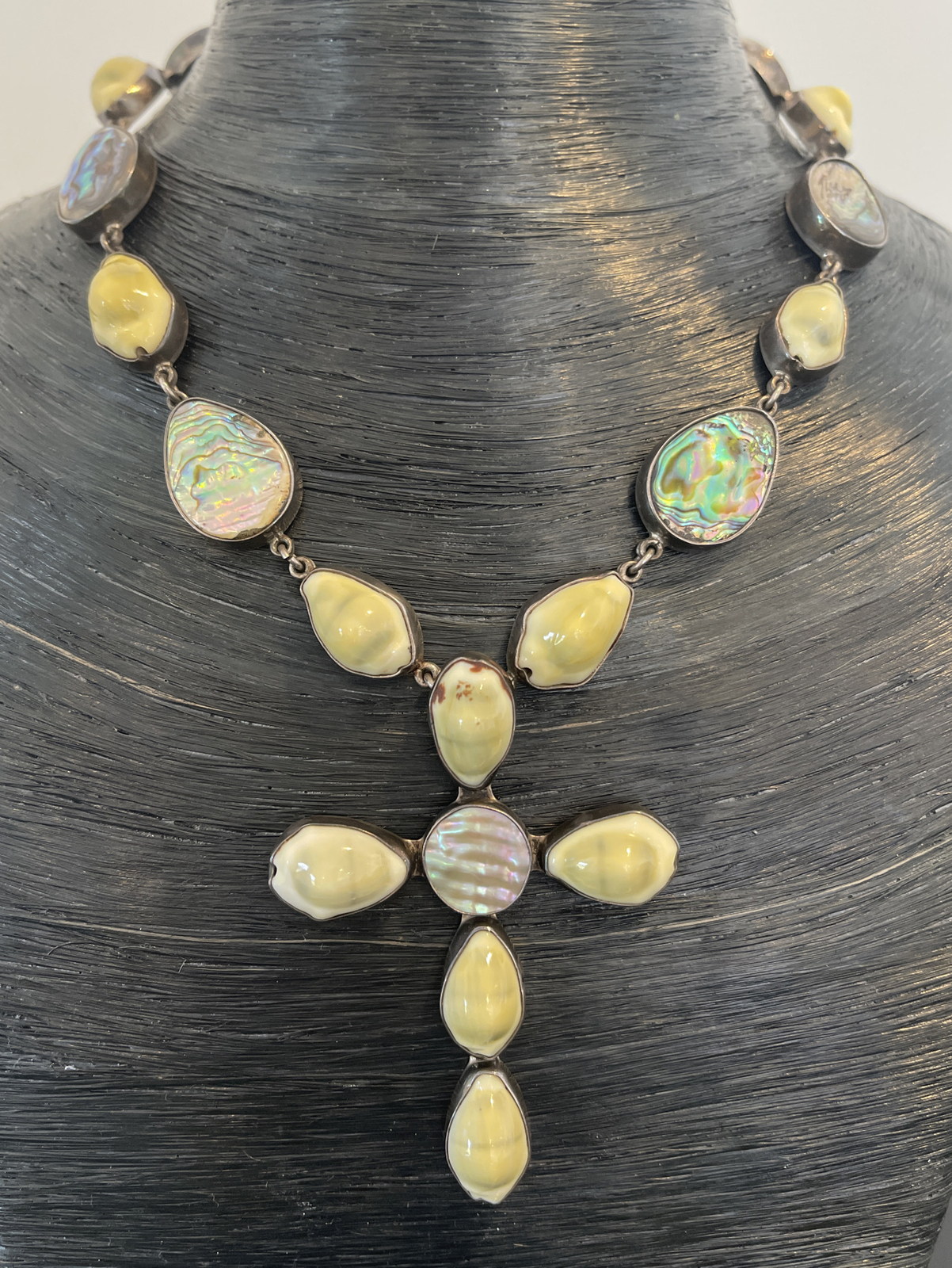 Statement Abalone Necklace with Large Cross Sterl… - image 1