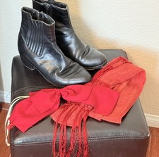 FOLKLORICO LEATHER ANKLE ZIP BOOTS, SIZE 6 BOY SEE PICS, 88x5" SASH, 7" BOW