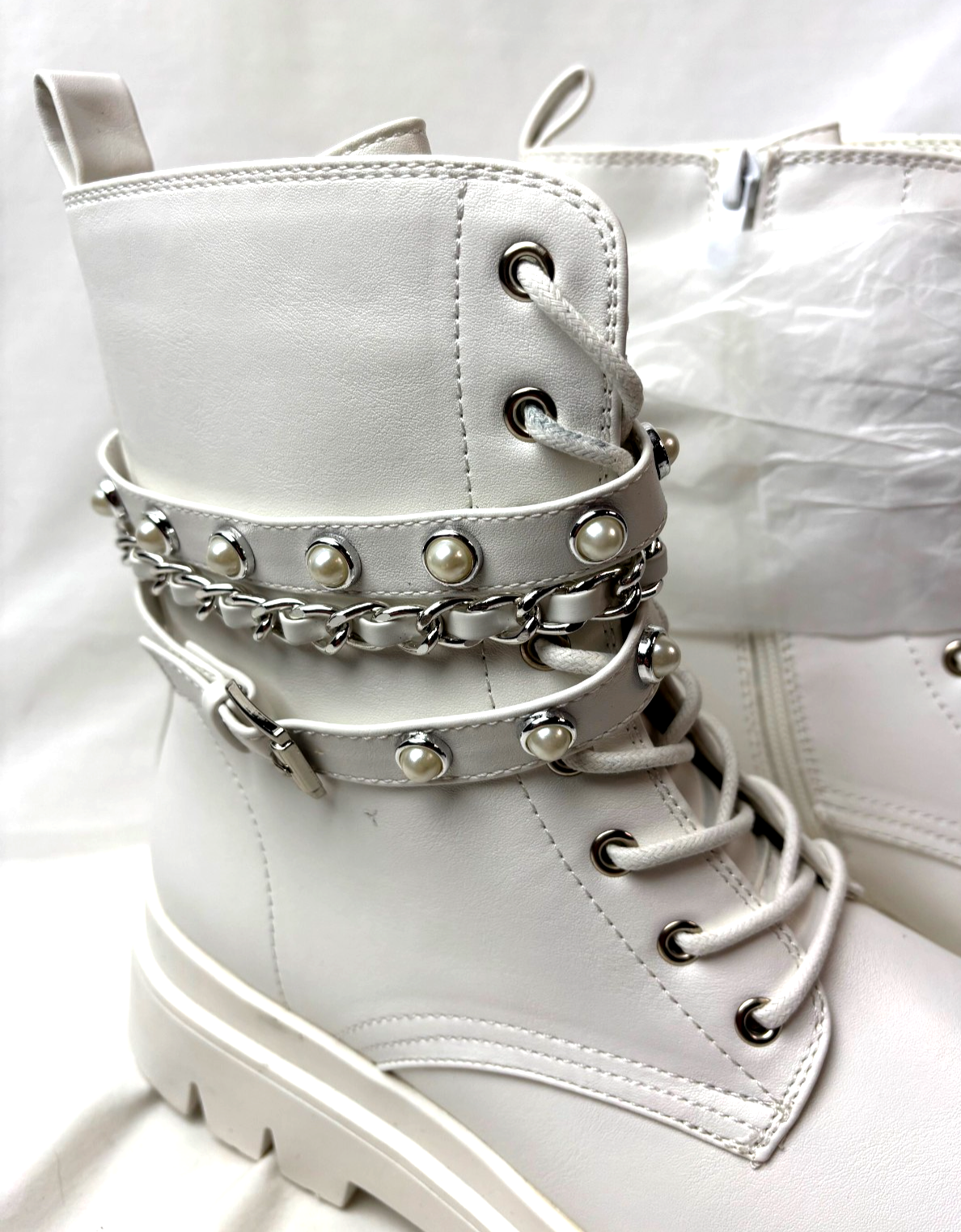 SAOLA DREAM PAIRS Stivali da combattimento donna moda 8 5 bianchi zip lacciati suola a strappo perle