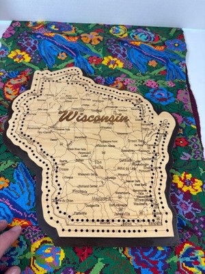 Custom Laser Designed Wisconsin State Shape Road Map Cribbage Board NWOT