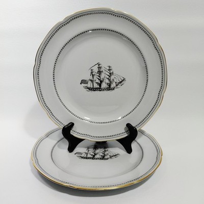 Spode Trade Winds Black W145 Dinner Plates 10 1/8'' Set of 2 ~Ship Grand Turk