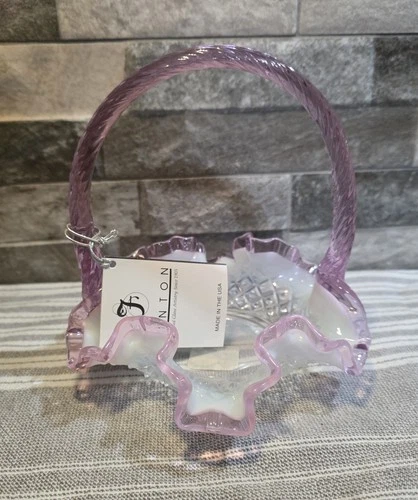 Fenton Pink And White Glass Basket  Diamond Pattern Ruffled Edge Vintage Decor