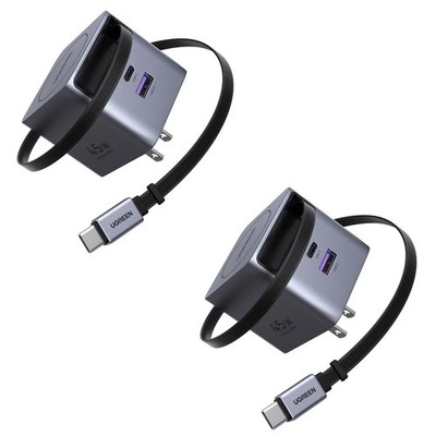 UGREEN Nexode 45W USB-C Charger Block with Retractable Cable, 2-Pack