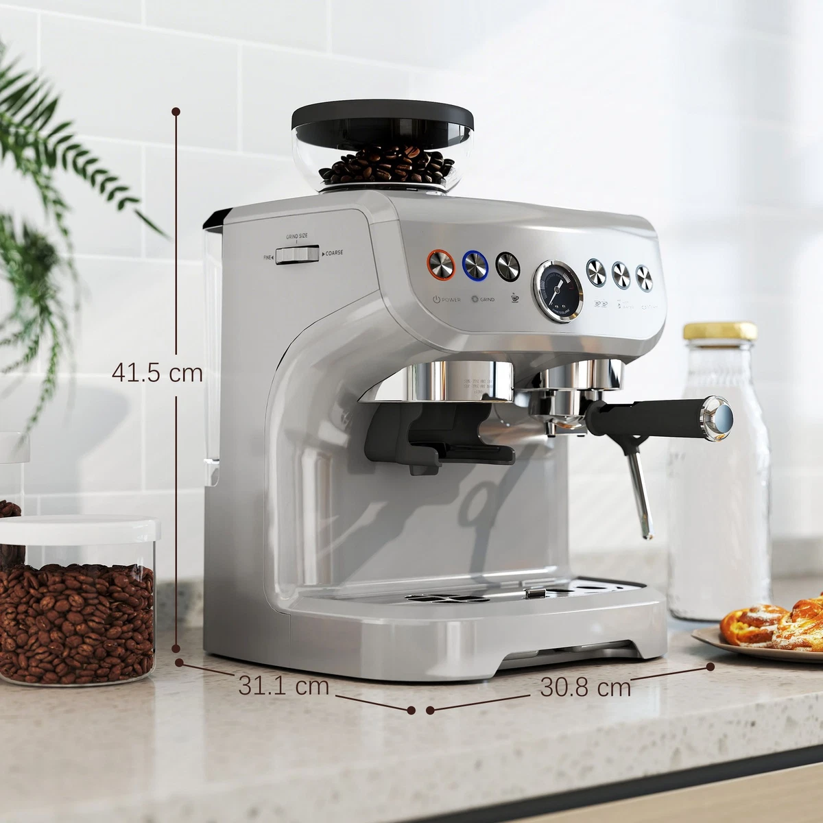 Máquina de café espresso HOMCOM, molinillo de frijoles y varita de vapor, presión de 15 bares, plateada.