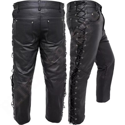 Men's Real Lambskin Leather Bikers Pants With Pockets & Pleated Panels 