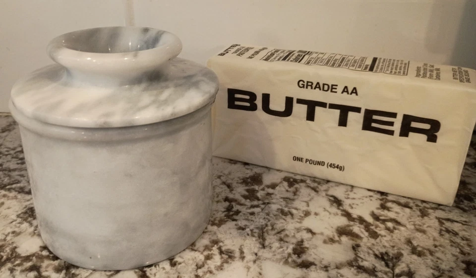 Norpro White Gray Marble Butter Bell Stone Keeper Crock Made in Taiwan - Image 2 of 4