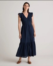 Quince Organic Textured Cotton Smocked V-Neck Midi Dress in Navy Size XL NWT!