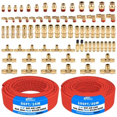 CheeMuii 76 PCS Brass DOT Air Line Fittings with 100FT 1/4'' and 50FT 3/8''