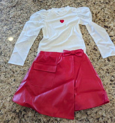 SHEIN FANZEY Toddler Girls Heart Print Gigot Sleeve Tee Bow Front Asym  skir 7Y