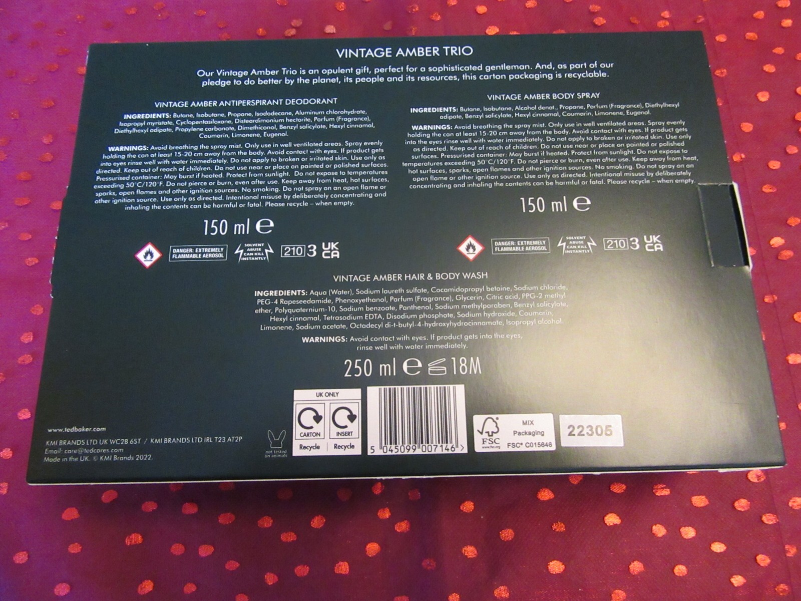 Ted Baker vintage amber trio setbody spray, antiperspirant, hair and