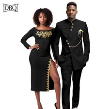 African Clothing for Couple Men Blazer Suit  Knee Length Women Side Slit Dress