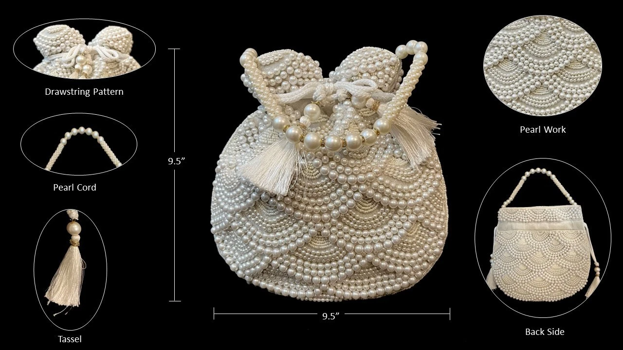 OFF WHITE Borsa Potli di design colore bianco sporco fatta a mano perla