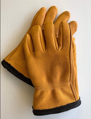 Gold Deerskin Leather Work Gloves Fleece Lined - XL - Made In The USA