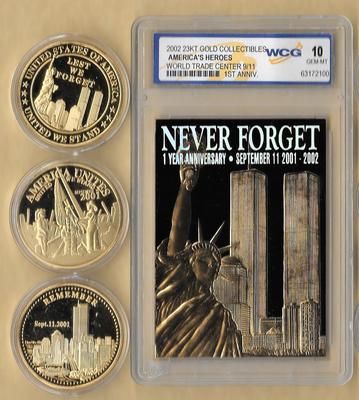 2002 23 Kt Gold World Trade Center 9/11 1st  Anniv Black Gold 3 Coin Lot Graded 