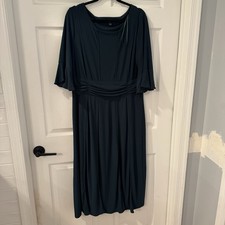 Perceptions Dress Sz XL Green  Midi Fit Flair Gathered Waist Pin Tuck Ruffle