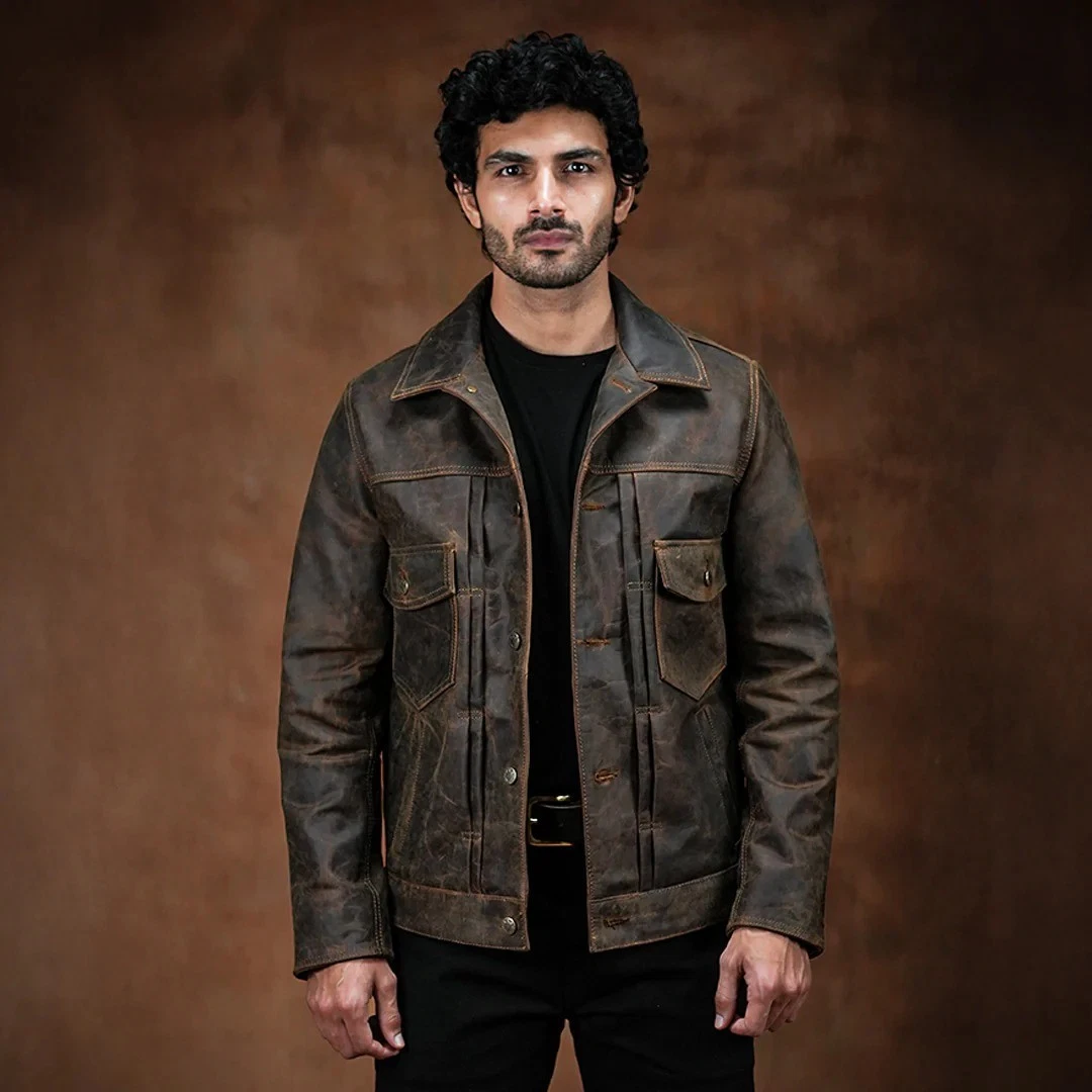 Men's Distressed Brown Leather Trucker Jacket Vintage Washed Real Leather Coat