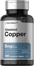 Chelated Copper Supplement 6mg, 300 Tablets, Non-Gmo  Gluten Free, by Horbaach