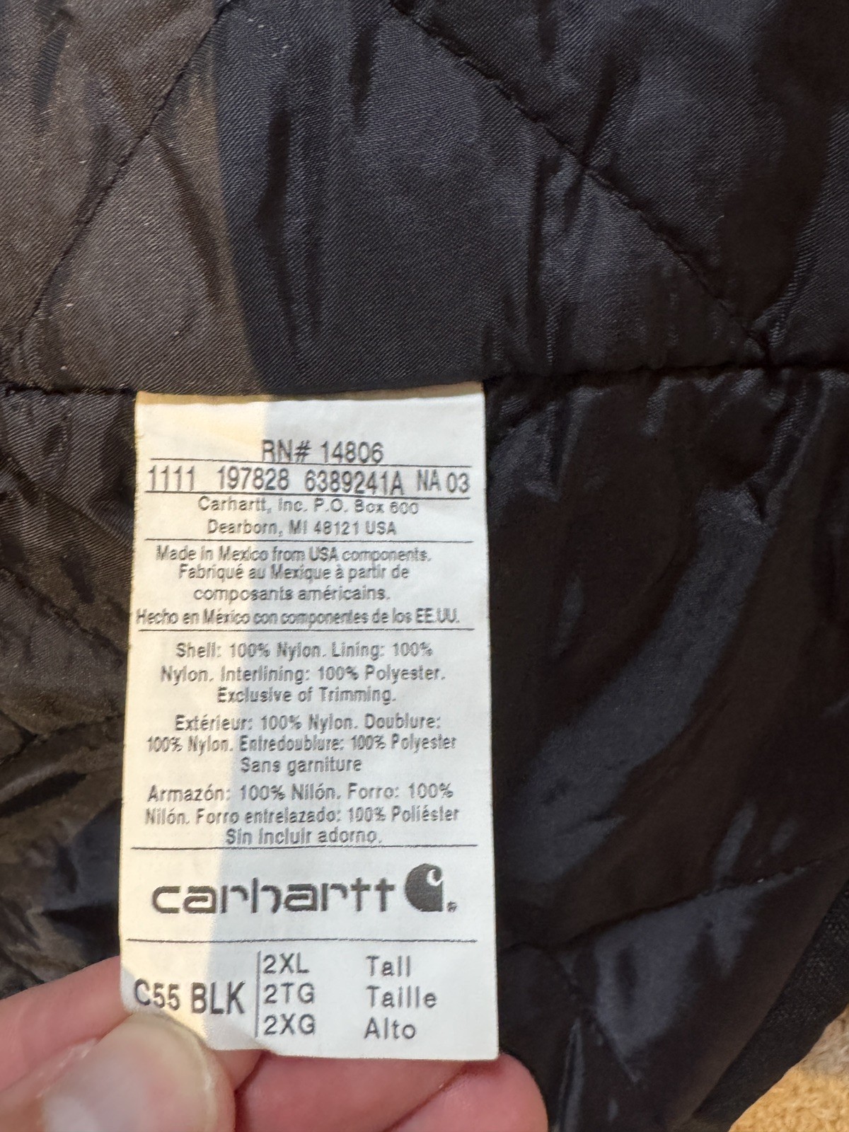 Carhartt C55 Black Nylon 2XL Tall Quilted Work Jacket for Men image 4