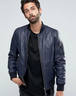 Blue Leather Jacket Men Flight/Bomber Pure Lambskin Size S M L XL XXL Custom Fit
