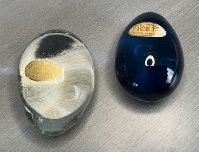 2 VTG Icet Arte Murano Clear & Cobalt Blue Art Glass Eggs Figurines Venezuela 3 