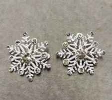 New White Painted Bezel Crystal Snowflake Clipon Clip on Stud Earrings