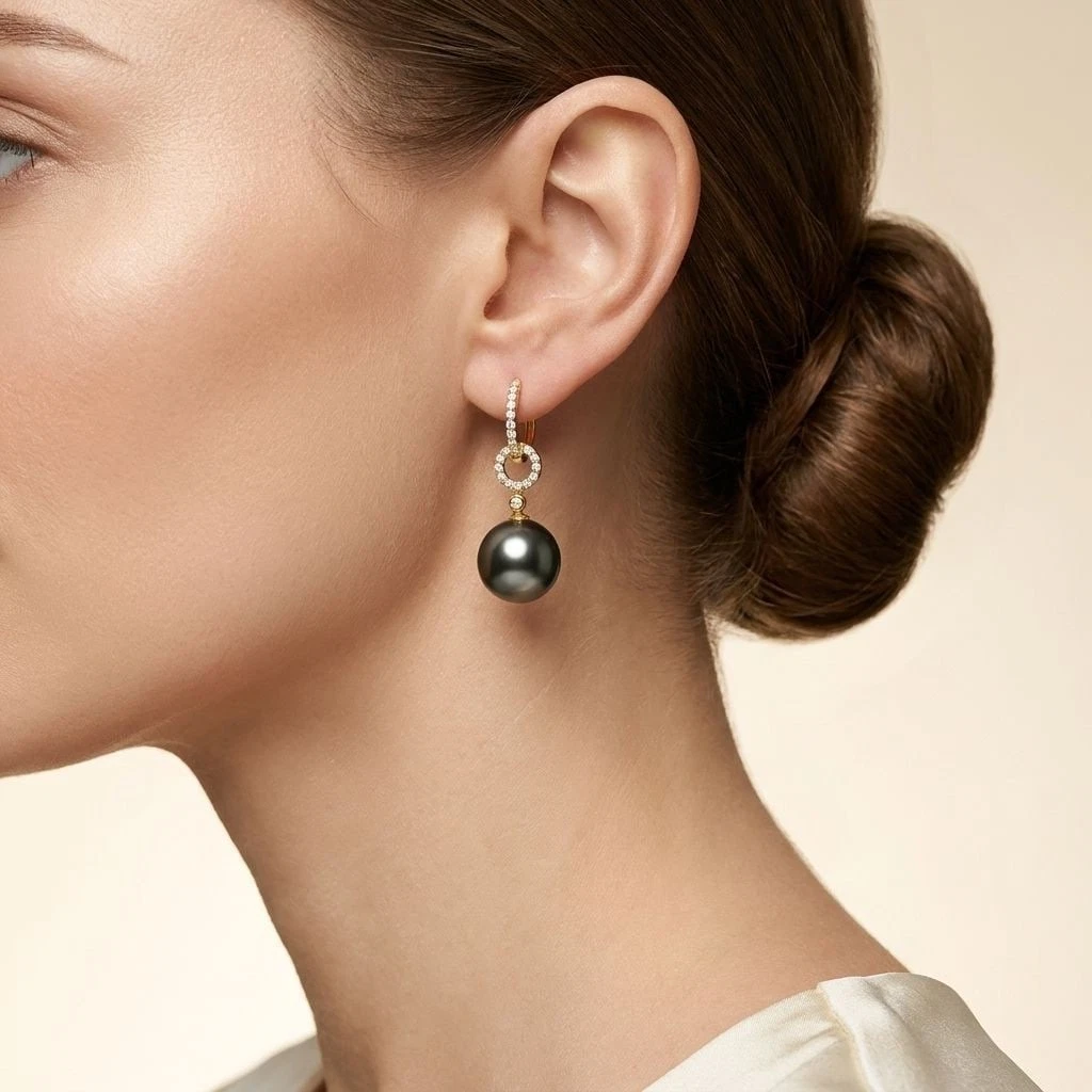 18K Yellow Gold Tahitian Cultured Pearl & Diamond Earrings 11-12mm 0.29 ct tw