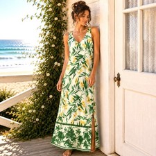 Anthropologie Fig Flower Small Maxi Dress Coastal Cottagecore Tropical Boho Chic