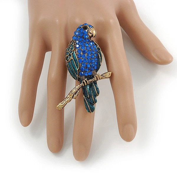 Anillo grande de pájaro loro esmaltado azul zafiro en metal dorado antiguo de cristal azul zafiro Foto 2 de 4