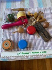 Collection of 9 Vintage Wooden Toys - Yo-yo, Tops, Bowling