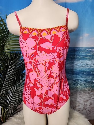 NWT Cupshe Womens One Piece Swimsuit Large Red Floral Orange Pink