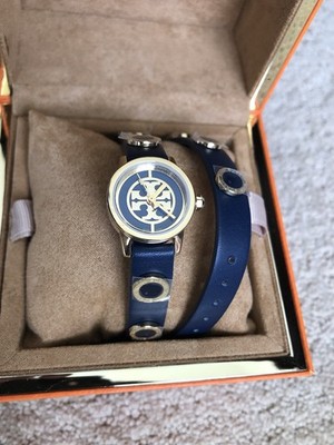 New Tory Burch MINI Reva 20mm Face Gold/Blue Leather Strap Watch