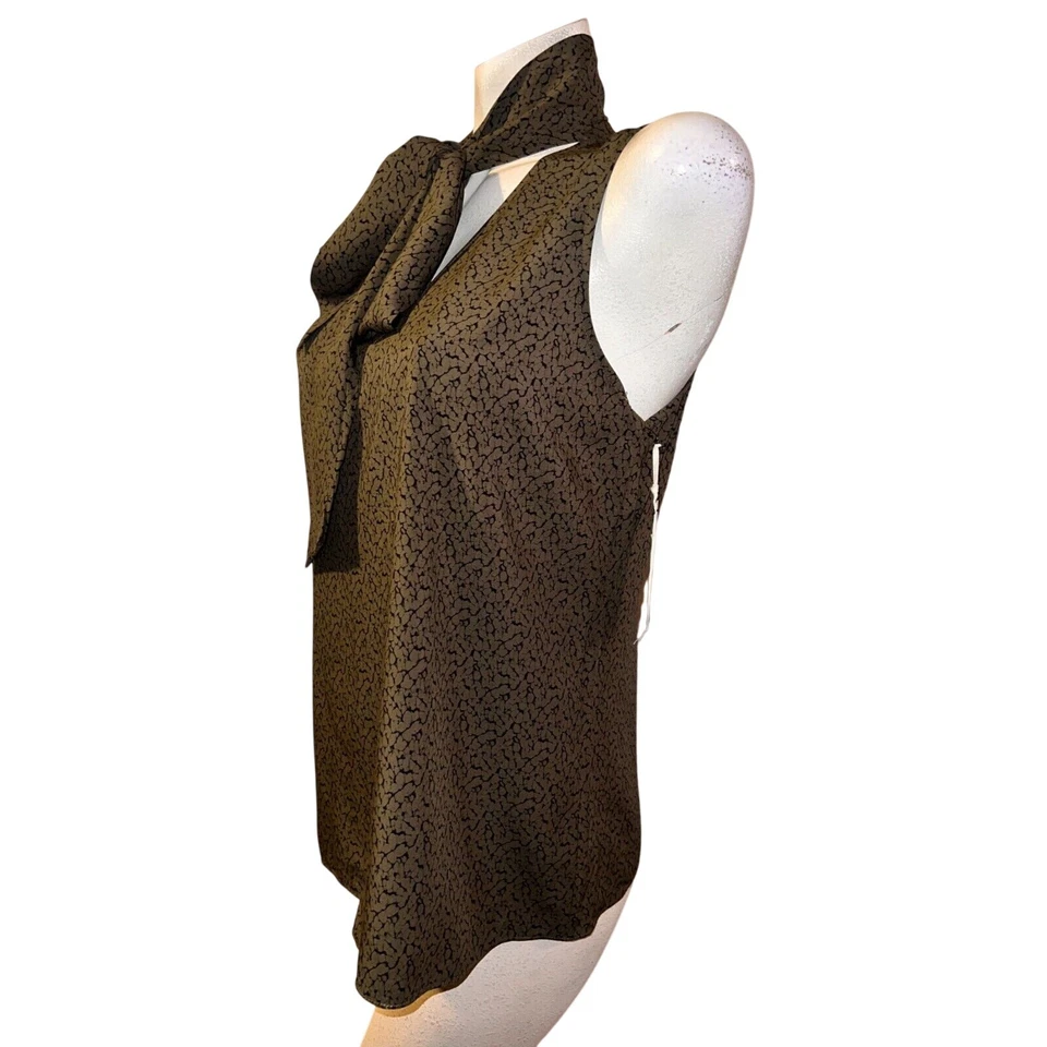 New J BRAND Top Women's Size M Green Black Strap Bow Tie Neck Slvls Blouse $225 - Image 4 of 4