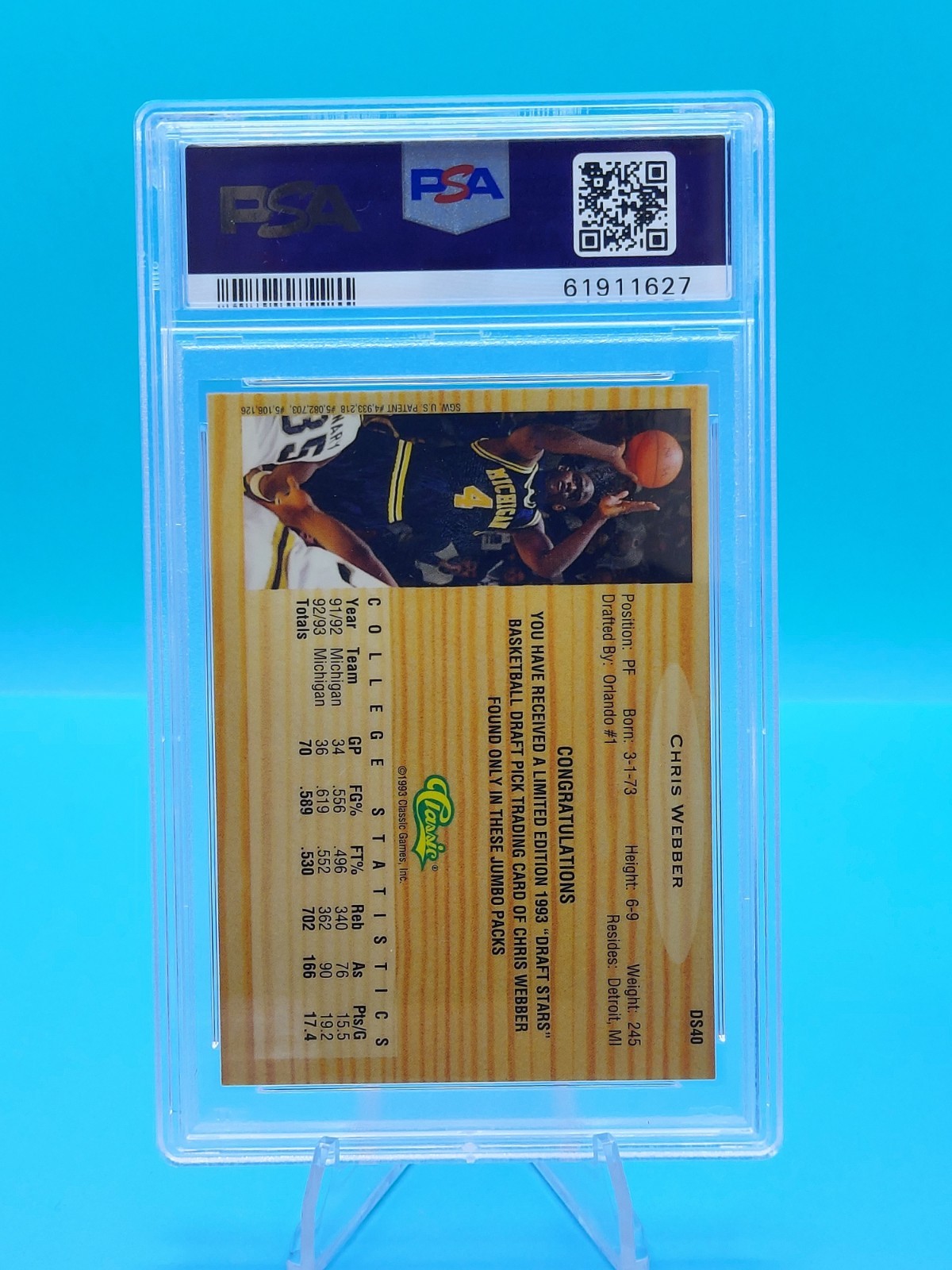 CHRIS WEBBER - 1993 Classic Chromium #DS40 Draft Stars - PSA NM-MT 8 view 2