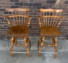 Pair Ethan Allen Bar Stool Chairs Swivel Heirloom Maple Nutmeg SHORTENED READ
