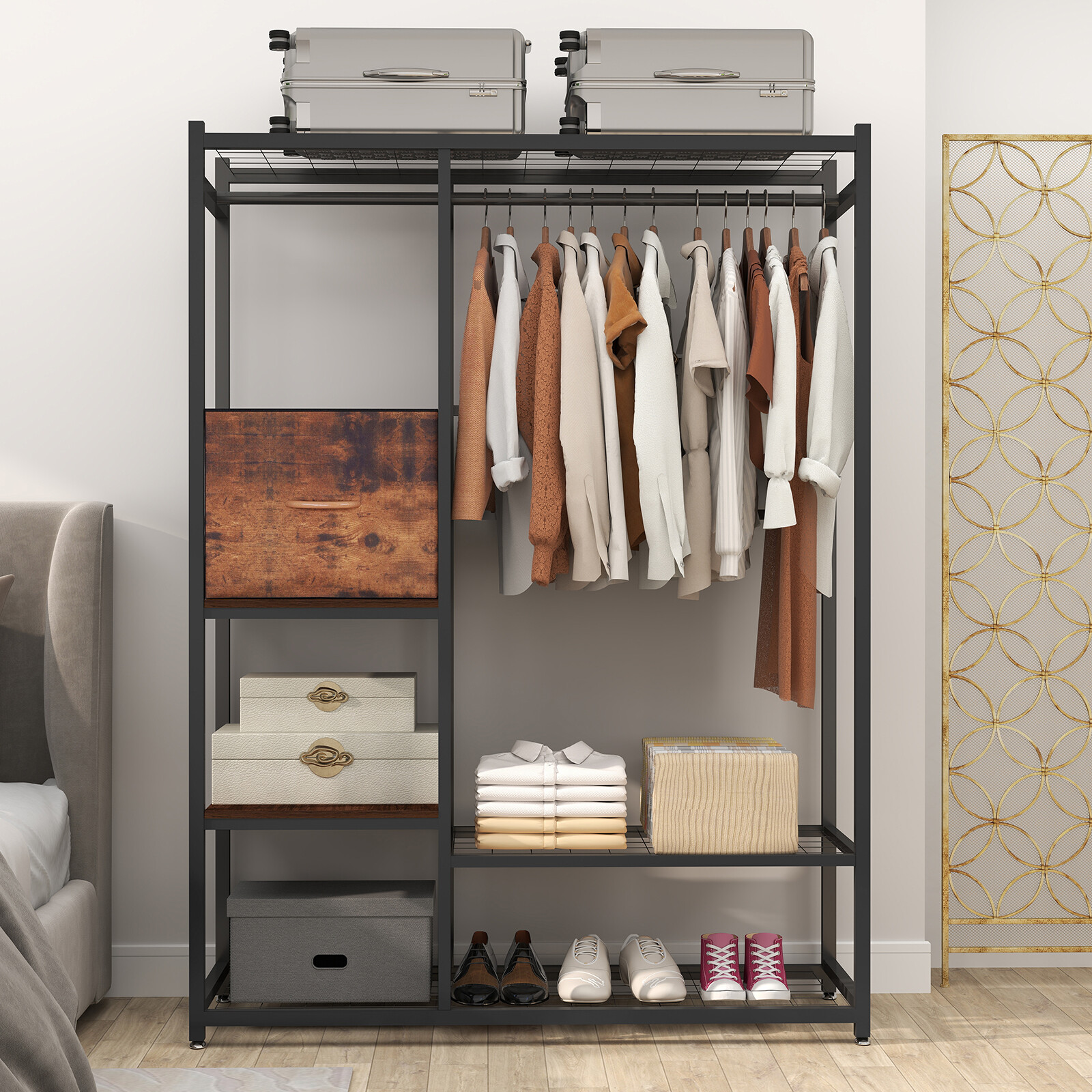 550LBS Iron Garment Rack w/ Hanging Rod Drawer Clothing Shelves Closet Organizer