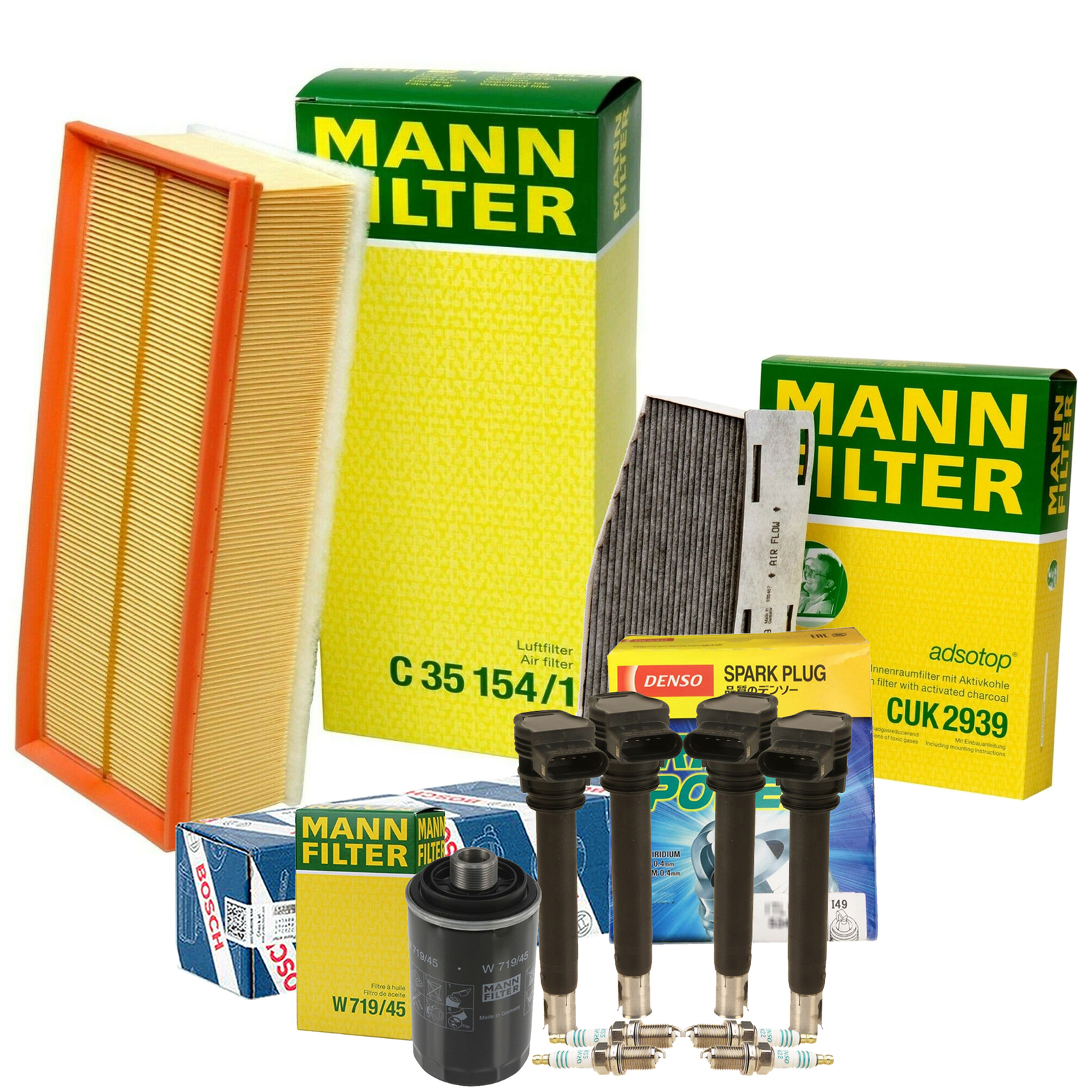 Mann Filters Bosch 4 Coil Denso 4 IridiumPower Spark Plug TuneUp Kit For Audi VW