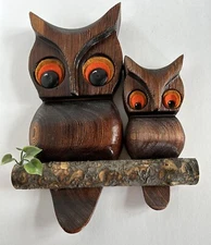 Vintage Handcrafted Wood Owls With Orange Felt Eyes Made By Green Mt. Mfg,Inc.