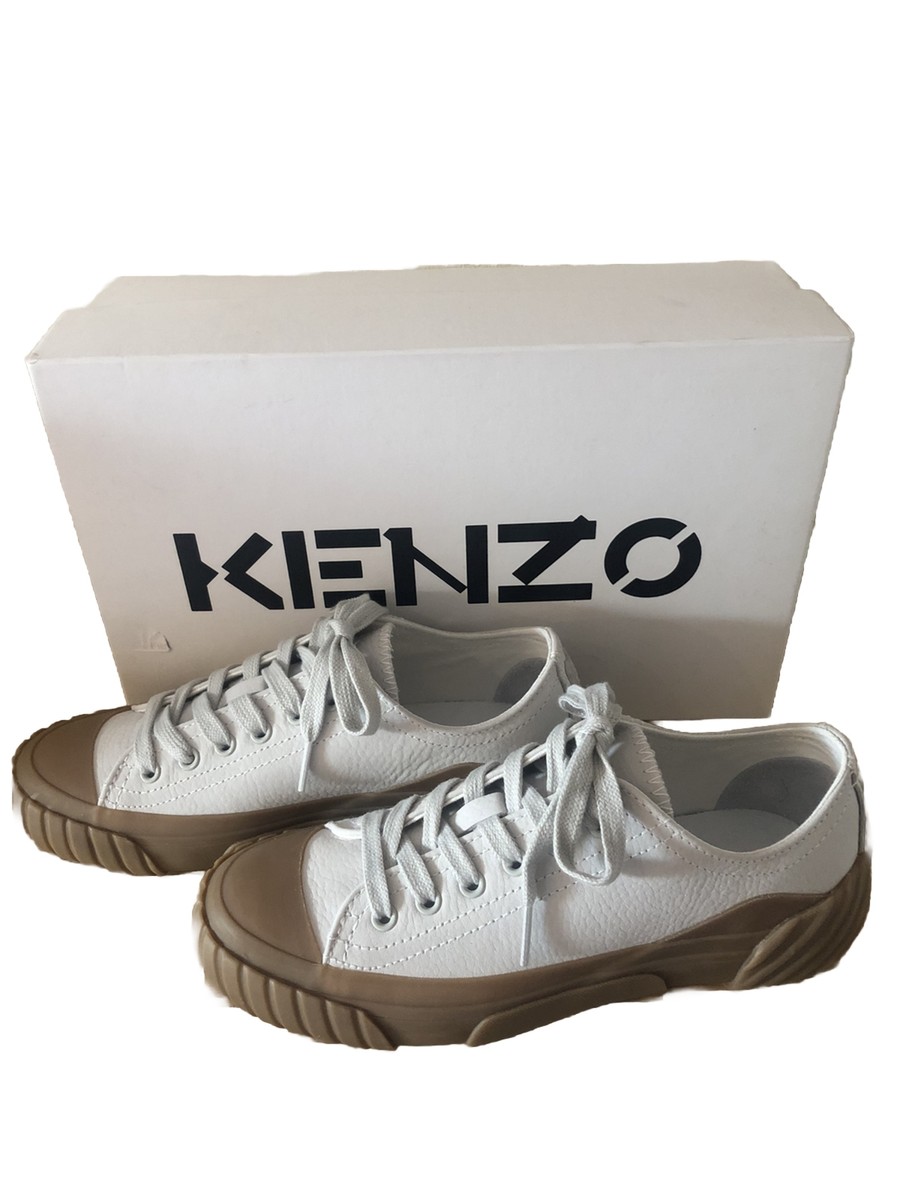 100% Authentic Kenzo Tiger Crest Leather Sneakers Off White Grained Nubuck