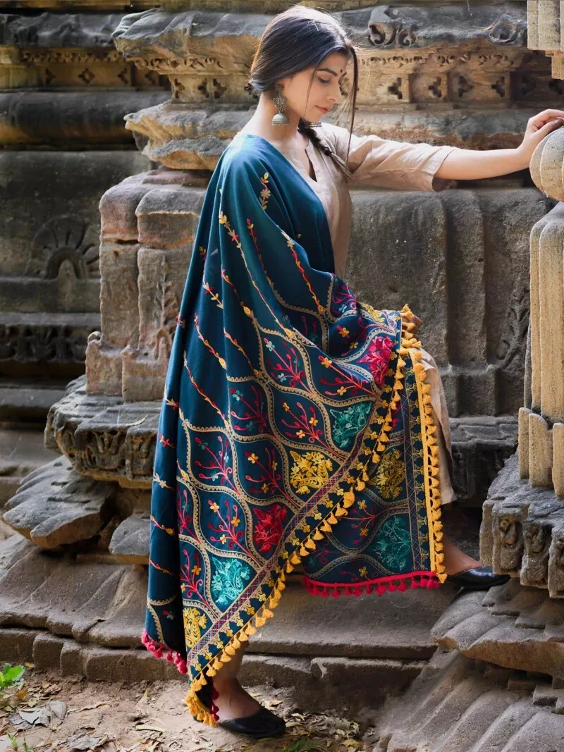Indian Traditional Embroidered Turquoise Stole Scarf on Handloom Cotton