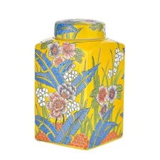 Sungmor Ginger Jar with Lid, Ceramic Square Floral Patterns Porcelain Vase Decor