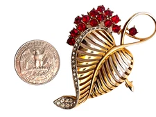 Designer Vintage Furled Leaf Brooch Pave Rhinestones & Red Rhinestone Berries