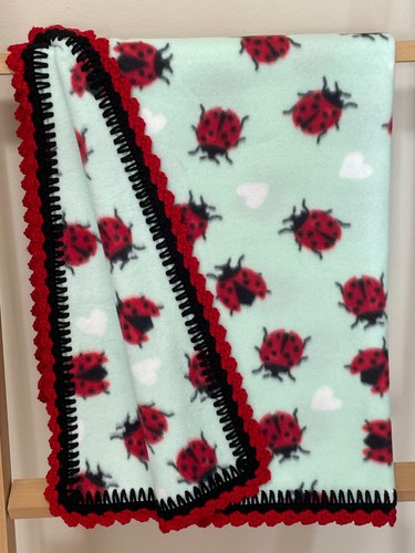 New Handmade Ladybug Baby Toddler Fleece Blanket with Crochet Edging - Picture 3 of 3