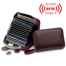 Men Women Leather 16 Credit Card Holder RFID-Blocking Zipper Pocket Wallet US