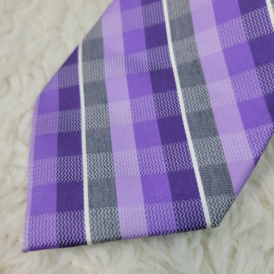 Van Heusen Check Necktie Men Purple Gray White Checkered Wedding Work Sharp Tie - Image 2 of 4