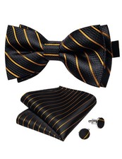 Black Gold Striped Bow Tie Set Mens Silk Adjustable Pretied Bowtie and Pocket...